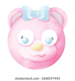 Cute pink bear head tied with a blue bow one a white background