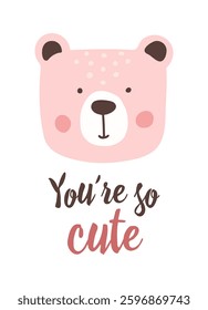 Cute pink bear illustration with typography, adorable animal face, kawaii design, baby nursery art. Vector illustration