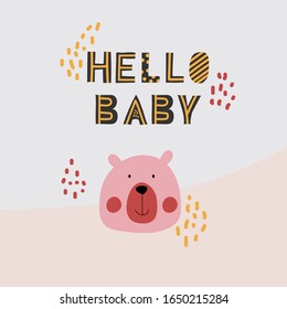 Cute pink bear kawaii with lettering Hello, isolated against a grey background. Vector hand drawn illustration.