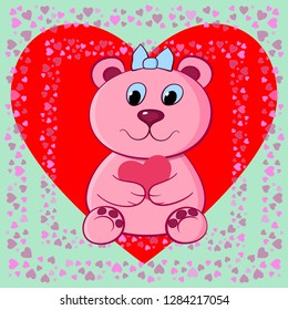 cute pink bear on the background of hearts holds a Valentine in its paws