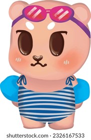 Cute pink bear in swimming suit and swimming goggles