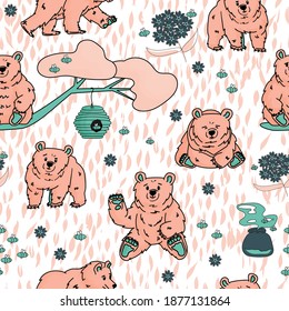 Cute pink bear that walks   sits  honey  forget me nots  beehive  smell honey  tree  branch  bees  Repeat seamless pattern