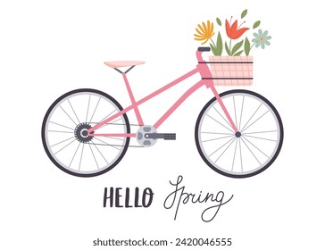 Cute pink bicycle with spring flowers in the front basket. Springtime coming concept. Hand drawn vector illustration in flat design