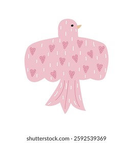 Cute pink bird with heart pattern. Vector hand drawn illustration.