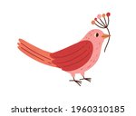 Cute pink bird holding branch with red winter berries isolated on white background. Beautiful birdie standing with sprig of pretty plant. Colored flat vector illustration