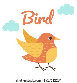 Cute pink bird. The inscription Bird and clouds, flat illustration. Good for kids decor.