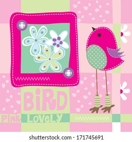 cute pink bird invitation card background vector illustration