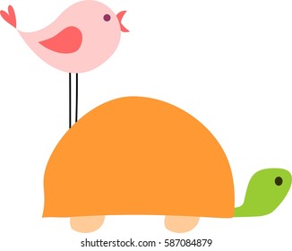 Cute pink bird on turtle orange, happy cartoon animal