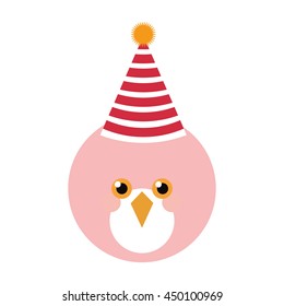 Cute pink bird with party hat isolated vector illustration