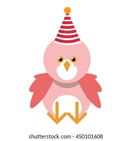 Cute pink bird with party hat isolated vector illustration