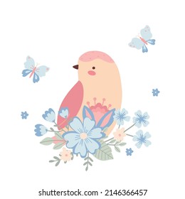 Cute pink birdie in flowers. Childish little bird for design and kids print. Simple vector illustration.
