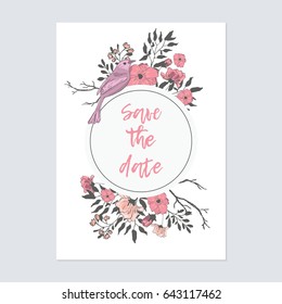 Cute  pink birds with flowers. Save the date text calligraphy vector 