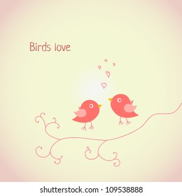 Cute pink birds on a branch with hearts