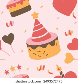 Cute Pink Birthday Cake Cupcake Seamless Pattern Motif Decoration Vector Illustration