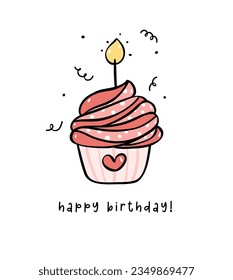 Cute Pink Birthday Cake heart cupcake  with candles minimal Doodle, Celebrate party with cute cake illustration hand drawing perfect for greeting cards.