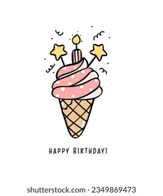 Cute Pink Birthday Cake ice cream waffle with candles minimal Doodle, Celebrate party with cute cake illustration hand drawing perfect for greeting cards.