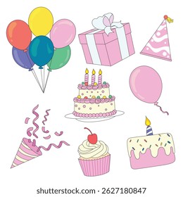 Cute pink birthday illustration featuring balloons, cakes, gifts, and festive decorations. Perfect for party invites, greeting cards, and celebratory designs for girls or baby birthdays