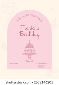 Cute pink birthday invitation card with a cake, heart balloons, and cupcakes. Minimal flat design. Editable text area. Perfect for party, kids, or girly celebration themes.