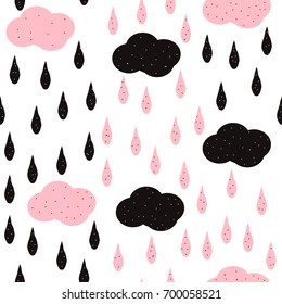 Cute pink and black rain seamless pattern. Abstract cartoon background. Vector hand drawn illustration.