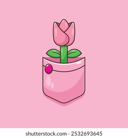 Cute pink blooming tulips flower, green leaves, and stalk vector. Bright blossom tulip cartoon in a shirt pocket. Spring design. Women day