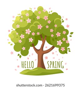 Niedlicher rosa Blütenbaum. Hallo Spring. Kirschen- oder Pfirsichblütenbaum. Jahreszeiten Frühling Feiertagskarten, Einladungen, Drucke, T-Shirts, Plakate, Werbung. Vektorgrafik einzeln