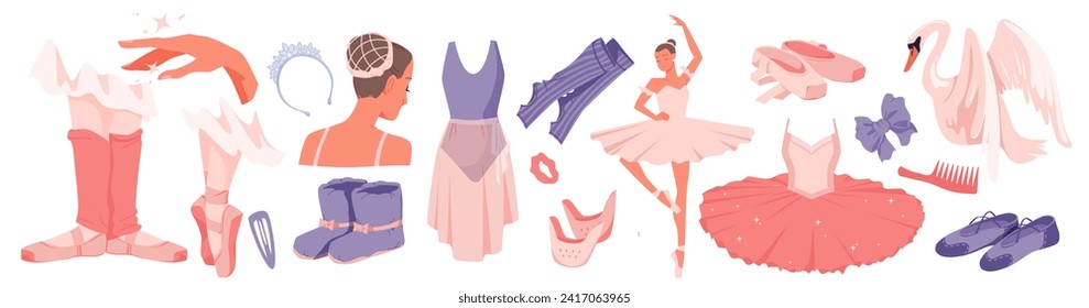 Complementos rosados y azules de la colección de bailarinas, bailarina de hadas y elegante vestimenta clásica de bailarina femenina, cisne reina y tiara, ilustración vectorial de gestos mágicos. Baile de ballet