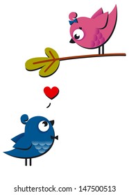 Cute pink and blue birds fall in love isolated on white. Vector Illustration for lovely design. Nice background.