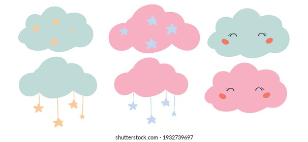 Cute pink and blue clouds set isolated on white background for scrapbooking, decal, planner stickers, decor for nursery