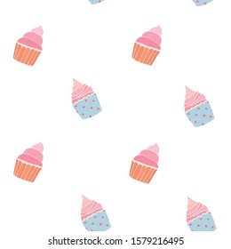 Cute pink and blue cupcakes vector seamless pattern, dessert repeat pattern