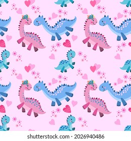 Cute Pink And Blue Dinosaur With Heart Shape Seamless Pattern.