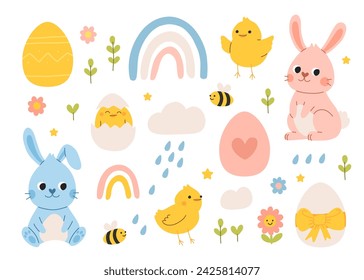 Niedliche rosa und blaue Osterhasen Kaninchen mit Baby Küken und Ostereier Vektor-Illustration. Cartoon Osterillustration mit floralen Elementen, Regenbogen, Regentropfen, Blume und Bienen.