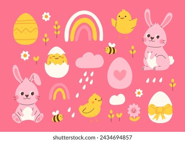 Cute pink and blue Easter bunny rabbits with baby chicks and Easter eggs vector illustration. Cartoon Easter illustration with floral elements, rainbow, rain drops, flower and bees.