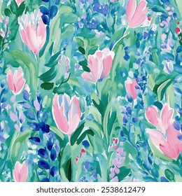 Cute pink and blue floral  watercolor seamless pattern with watercolor background. Flower vector illustration. Watercolor print in rustic vintage style, textile or wallpapers.