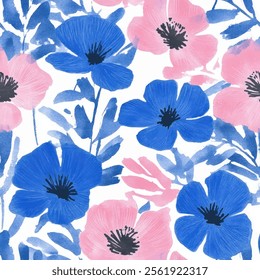 Cute pink and blue floral watercolor seamless pattern with white watercolor background. Flower vector illustration. Watercolor print in rustic vintage style, textile or wallpapers.