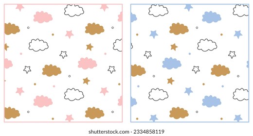 Cute pink blue golden cloud and star seamless pattern set. Style baby nursery print. Vector illustration.