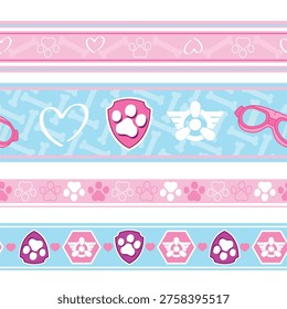 Cute pink and blue horizontal border stripes with paw prints, patrol, Skay, hearts, bones, badges and goggles icons. Perfect for kids party borders, scrapbook frames, wrapping and stationery.
