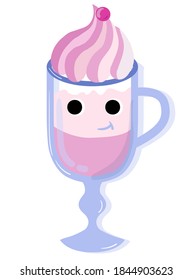 Cute pink and blue kawaii coffee cup with cream isolated on white background. Coffe mug with smiling face vector illustration.