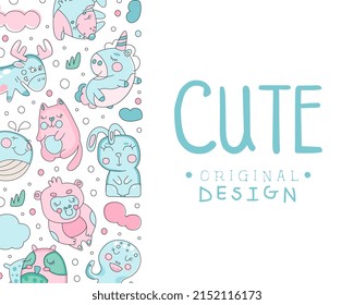 Cute Pink and Blue Kids Animal Vector Card Template