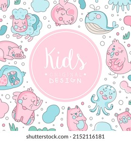 Cute Pink and Blue Kids Animal Vector Card Template