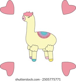 A cute pink and blue llama. Vector illustration in doodle style