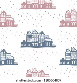 Cute pink and blue pattern with houses and dots