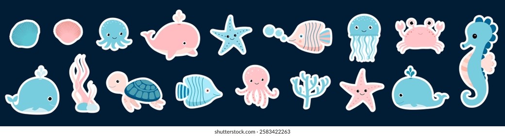 Cute pink and blue sea animal vector stickers ocean creatures set for girls and boys summer baby designs