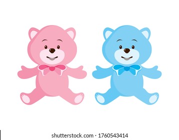 Oso de peluche rosa y azul con vectores de icono de arco. Juego de iconos de dos osos de peluche. Icono de oso de peluche aislado en un fondo blanco. Icono de juguete de peluche favorito. Vector de juguete adorable y suave