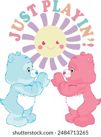 cute pink and blue teddy bear with a sun in the background, gummy bear