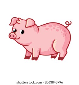 
Cute pink boar stands on a white background. Vector illustration with farm animal in cartoon style. The pig is standing and smiling.