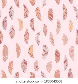 Cute pink boho seamless pattern with feathers. Summer backgound in pastel colors. Paper, print, fabric, textile design. Vector illustration.