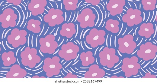 Cute Pink Bold Floral Blue Background Vector seamless Pattern. Perfect for fabric, wallpaper and children's projects. 