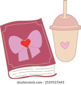 A cute pink book featuring a heart bow design and a matching pastel drink cup with a heart detail.