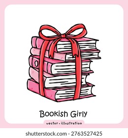 Cute pink book stack with red ribbon bow vector illustration for book lovers