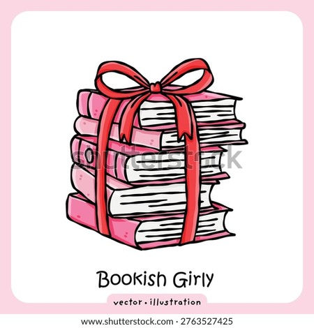 Cute pink book stack with red ribbon bow vector illustration for book lovers